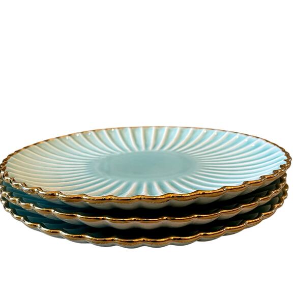 Aqua Ceramic Dinner Plates 11" Turquoise Scalloped Edge Gold Accent Set of 4 New - Picture 13 of 16